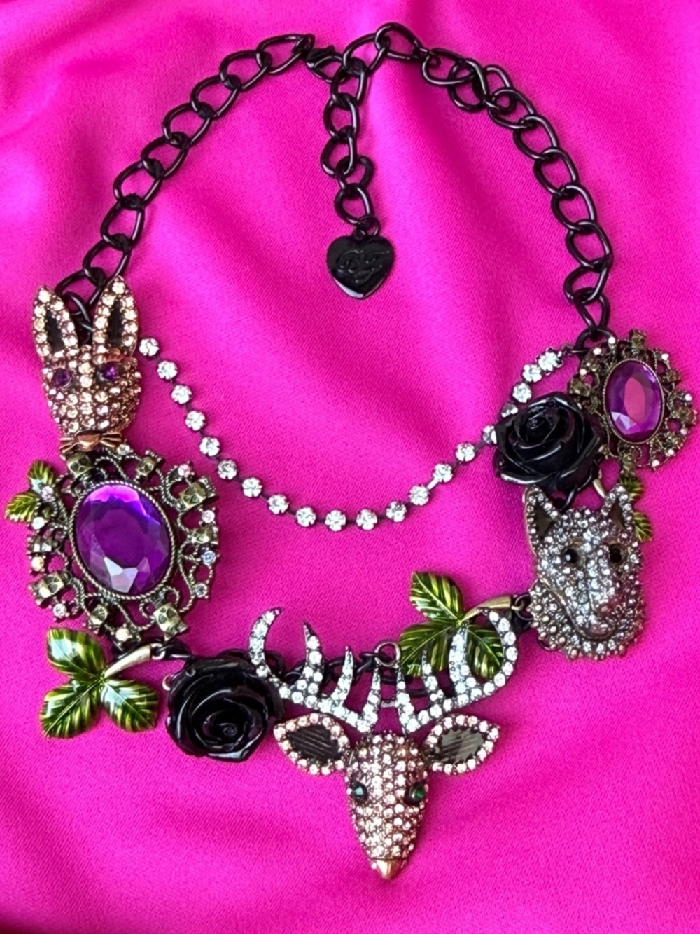 Betsey Johnson Dark Forest Black Rose Deer Skull Leaves Wolf Halloween Necklace